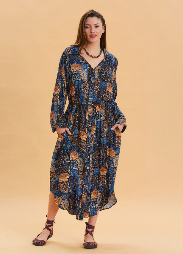 Shirt Collar Belt Detailed Blue Bohemian Dress 4451